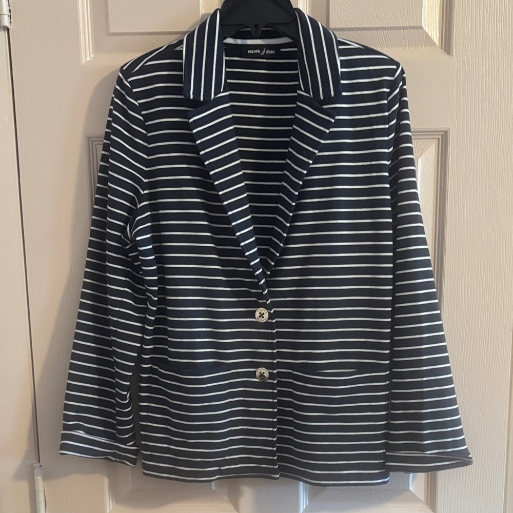 Nautica Navy and White Striped Blazer Jacket